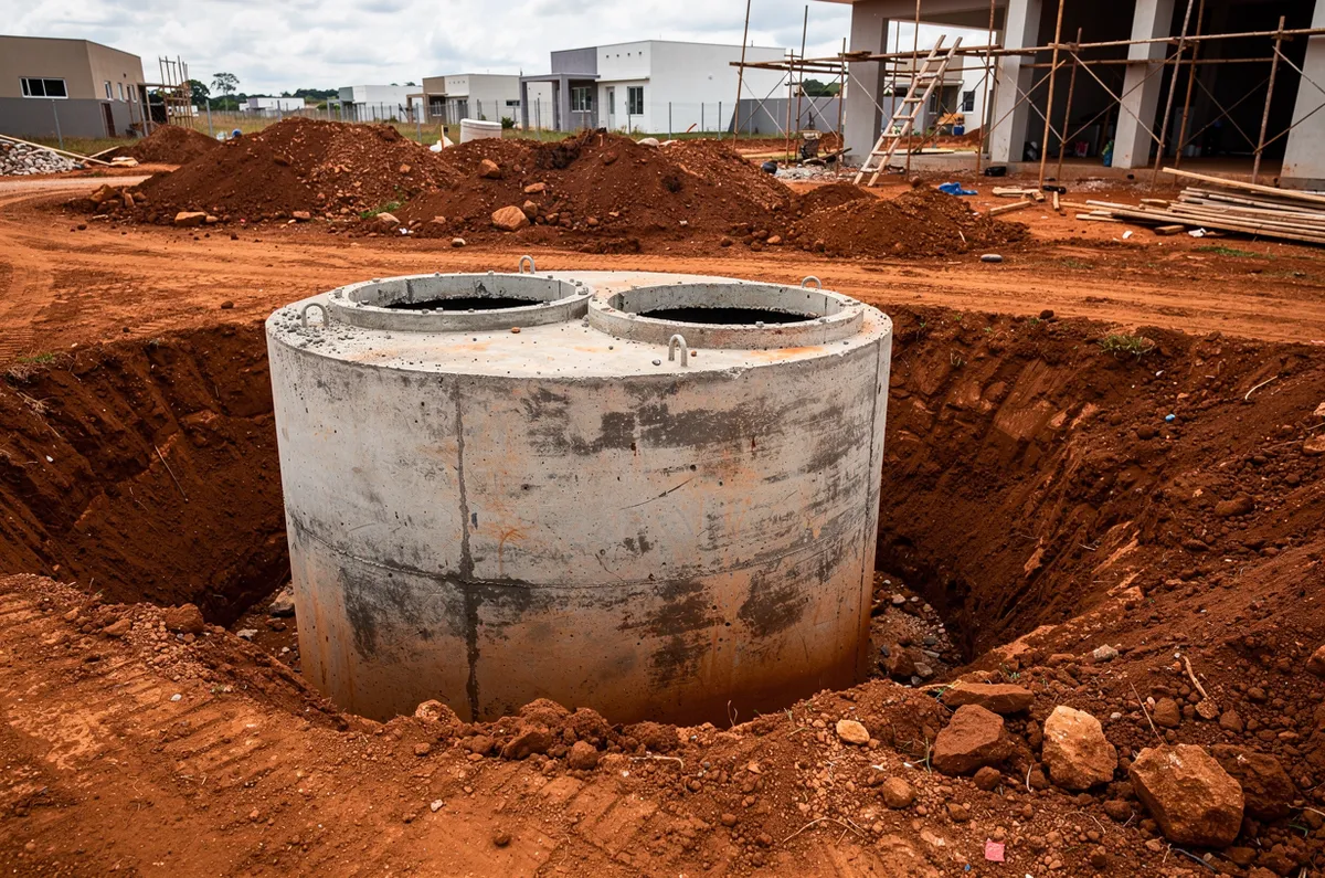 Tanque de fossa de concreto pré-moldado com duas aberturas ao lado da vala