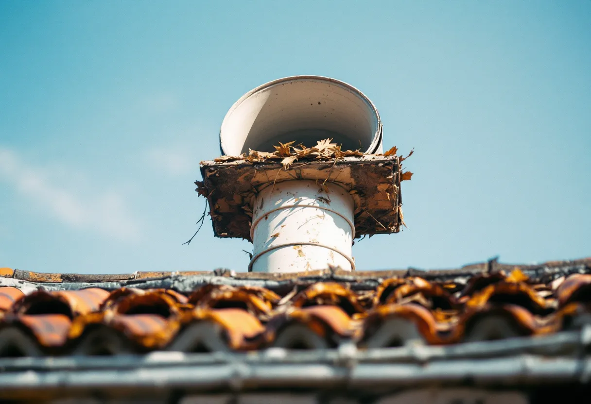 Terminal do tubo de ventilação de esgoto acima do telhado, com folhas acumuladas na abertura