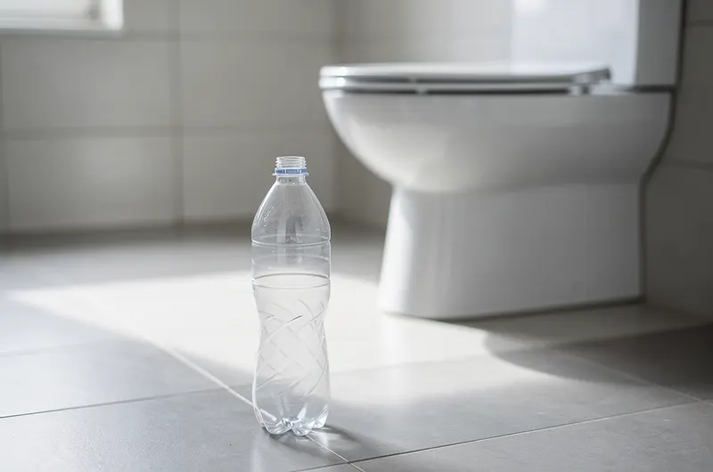 Garrafa PET ao lado do vaso sanitário