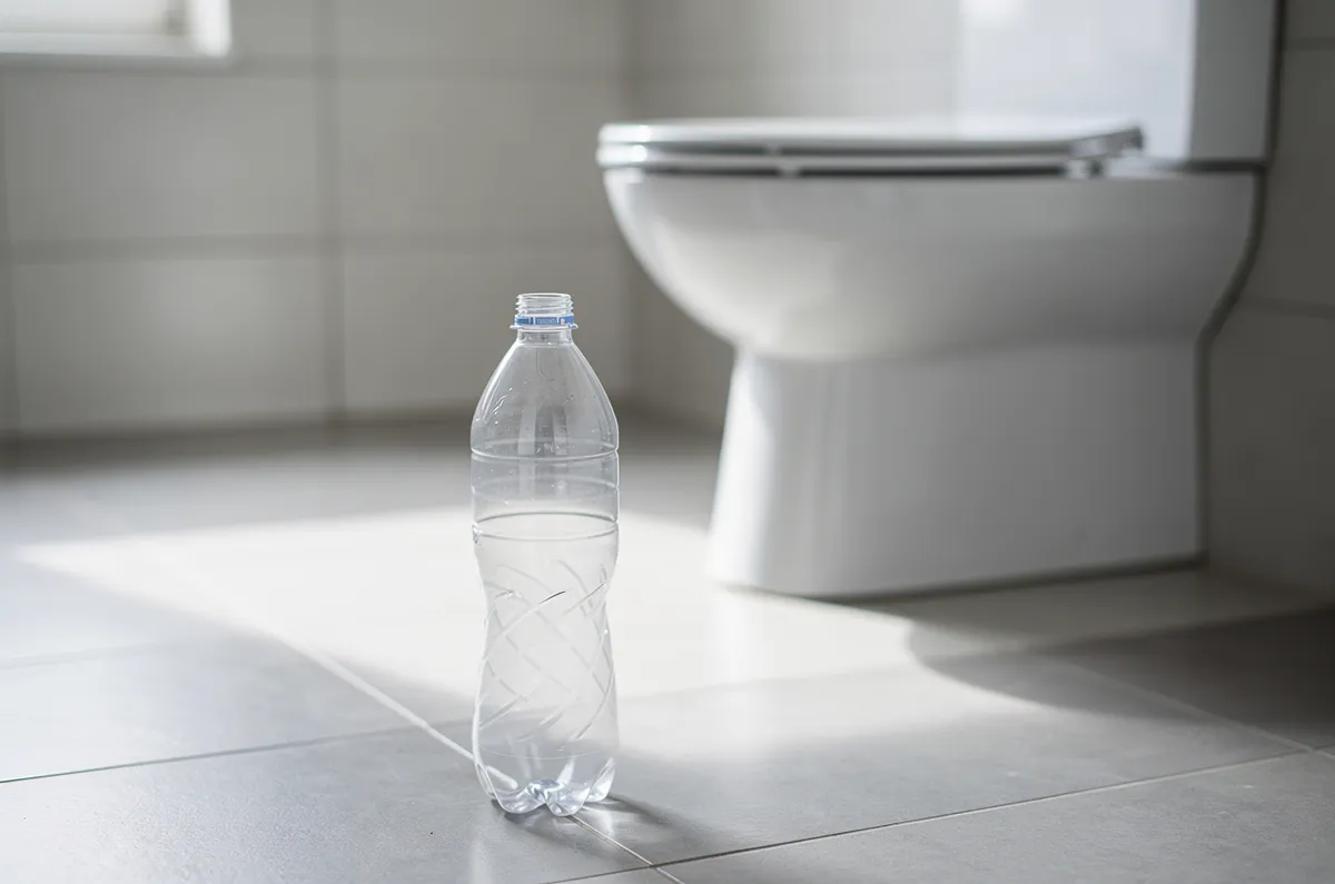 Garrafa PET ao lado do vaso sanitário