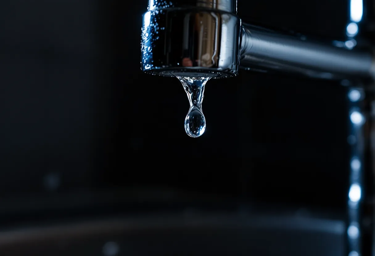Torneira de cozinha cromada com uma gota d'água caindo, em close, fundo escuro