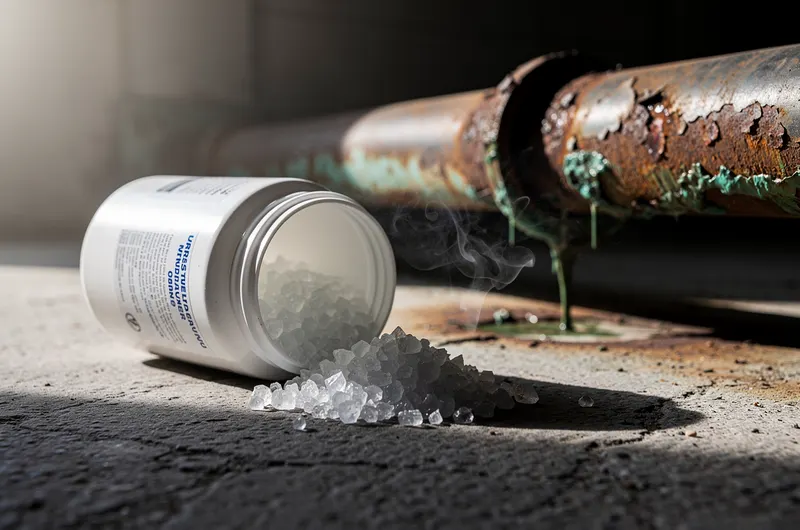 Produto químico desentupidor ao lado de cano corroído