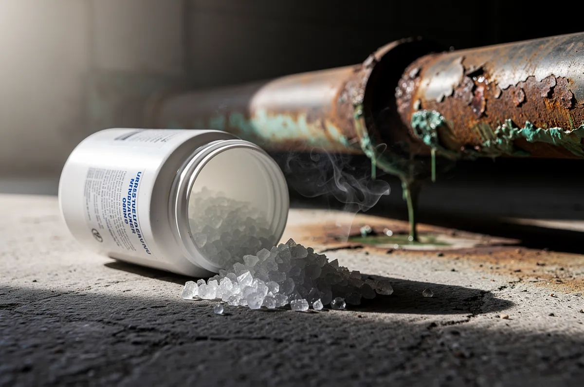 Produto químico desentupidor ao lado de cano corroído