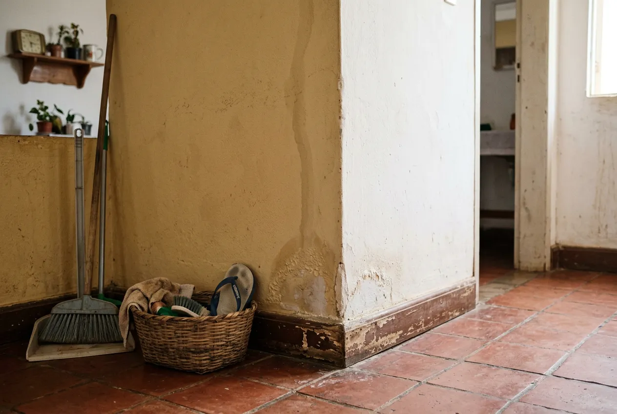 Canto de ambiente residencial com mancha vertical de umidade e tinta estufada perto do rodapé, piso de cerâmica