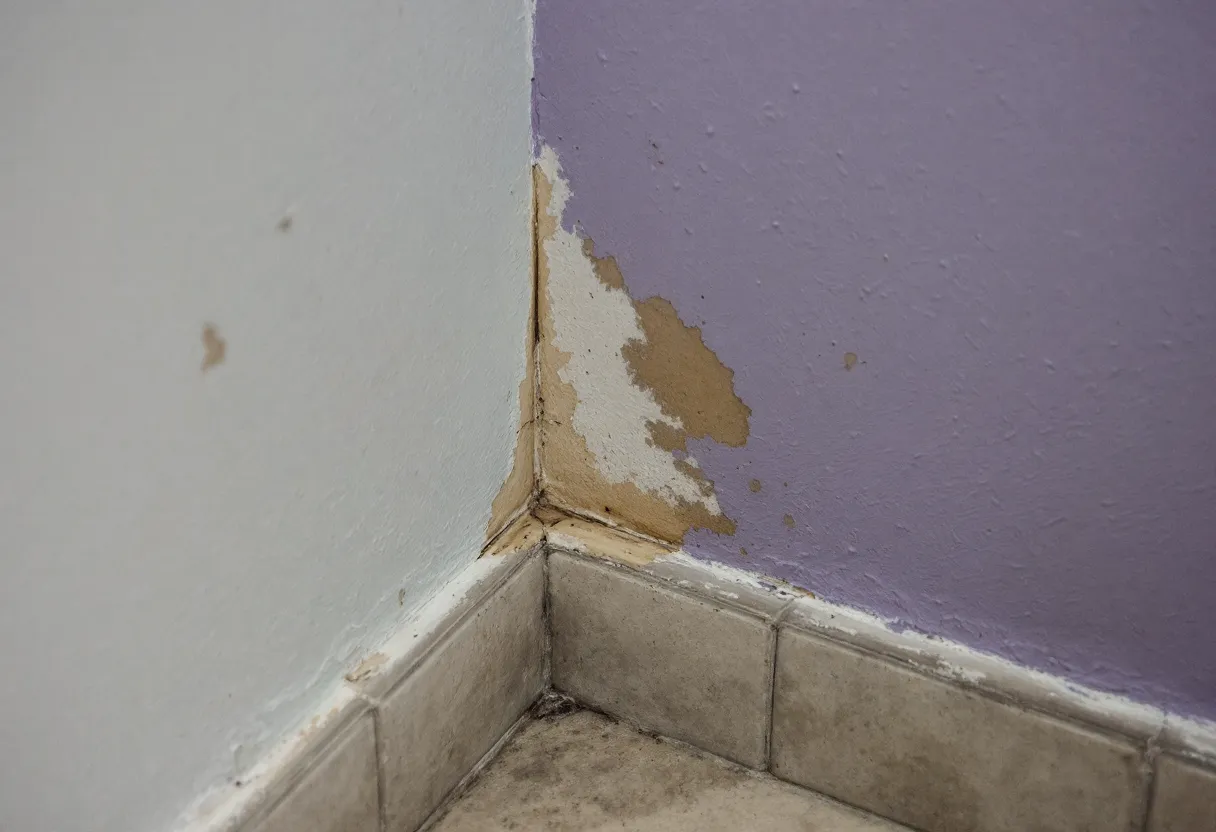 Rodapé de parede residencial com mancha de umidade e tinta descascando, indicando vazamento escondido